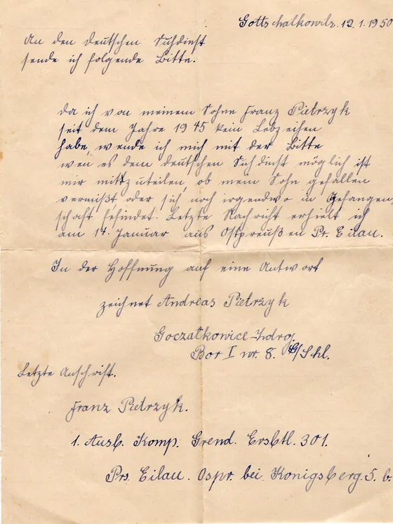A handwritten letter dated 1950, in German script, addressed to the German Red Cross tracing service