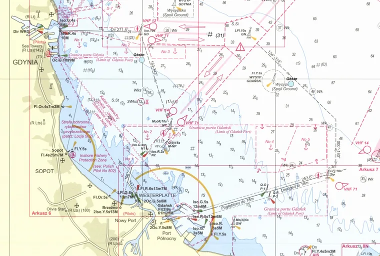 Nautical chart of the Gulf of Gdansk showing Gdynia, Sopot and Westerplatte with depth soundings, buoys, port limits and approach bearings